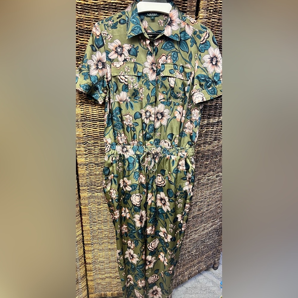Lauren Ralph Lauren Olive Floral Jumpsuit, Size:8, Button down to waist